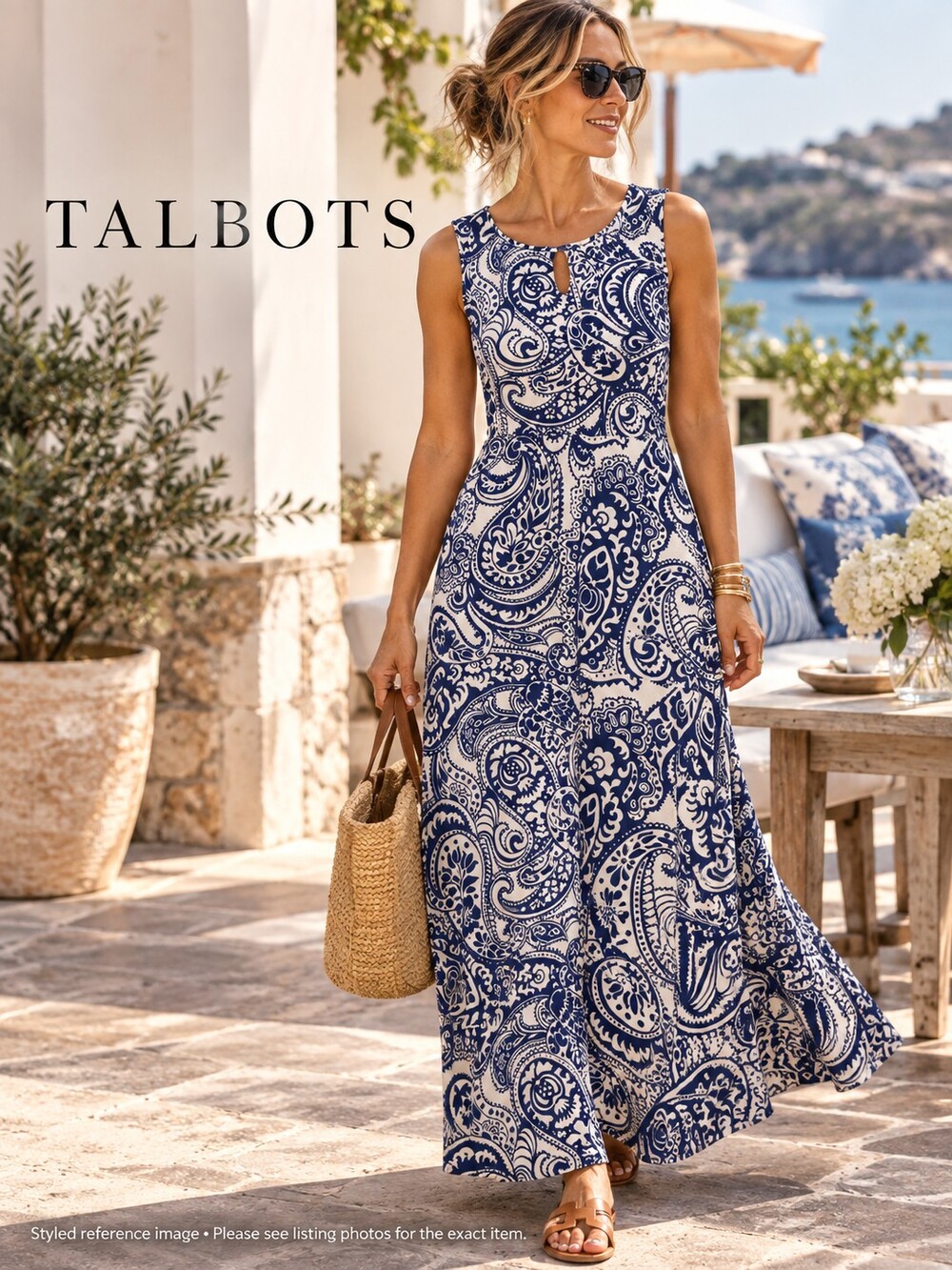 Talbots Knit Jersey Maxi Dress - Blue White Large